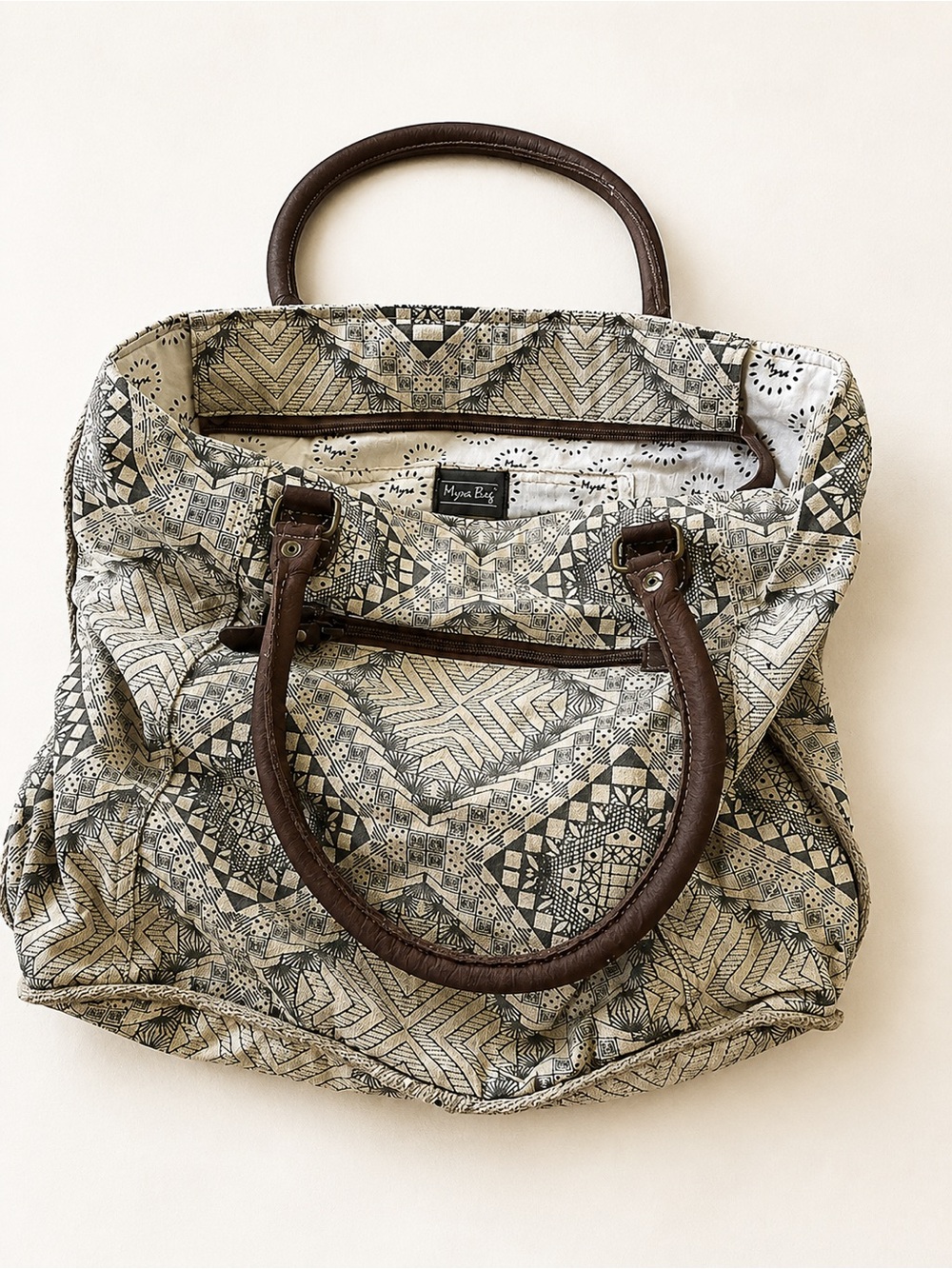 Myra Bag Cream and Black Printed Canvas Tote with Brown Handles